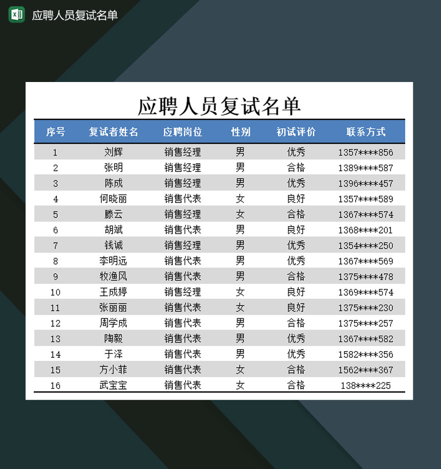 大小型企业应聘人员复试名单Excel模板