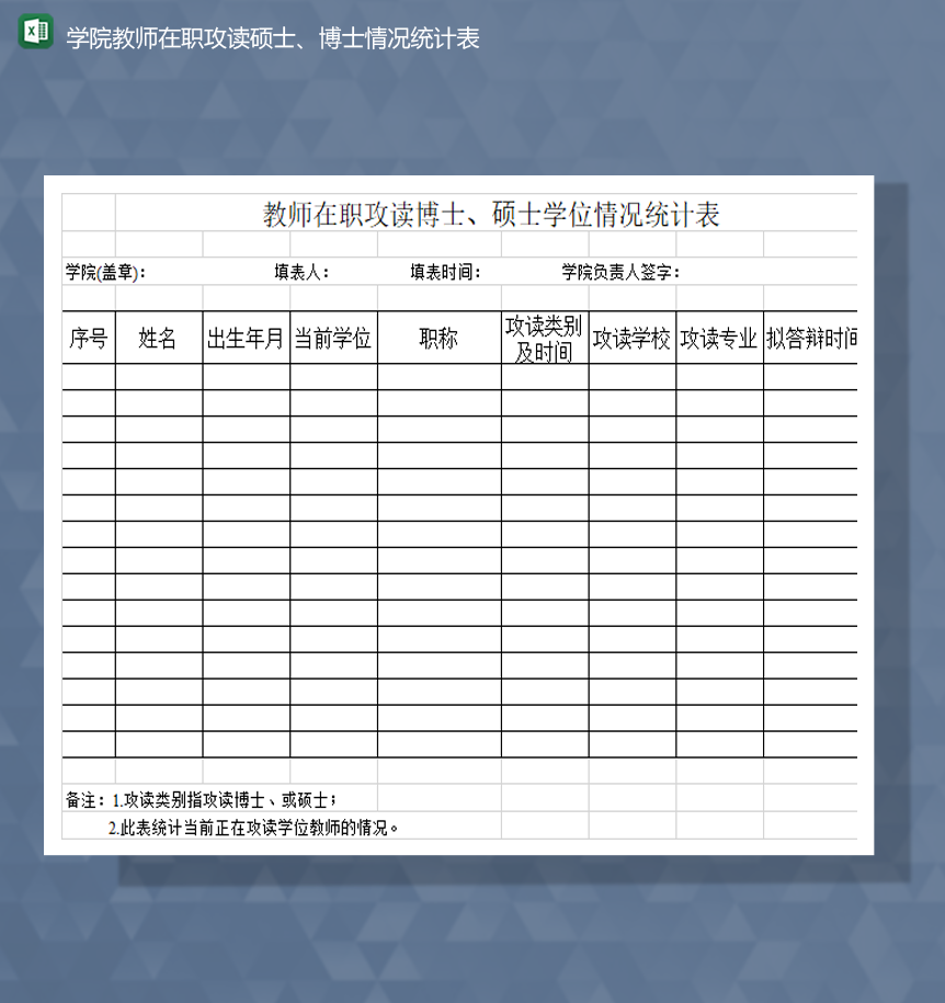 学院教师在职攻读硕士博士情况统计表Excel模板