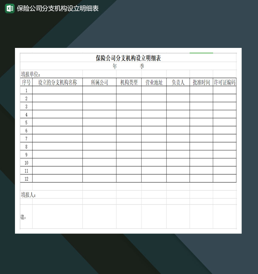 保险公司分支机构设立明细表Excel模板