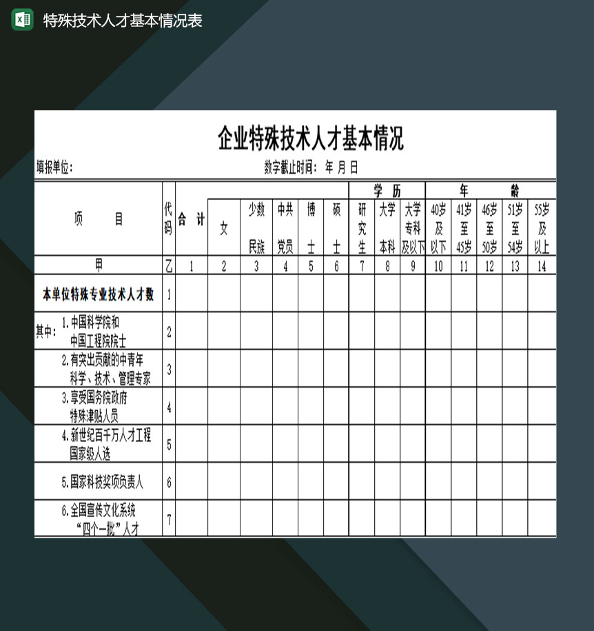 企业特殊技术人才基本情况登记表格Excel模板-1