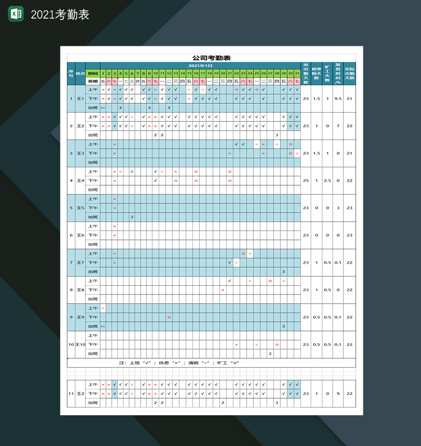 2021考勤表加班出勤情况统计-1