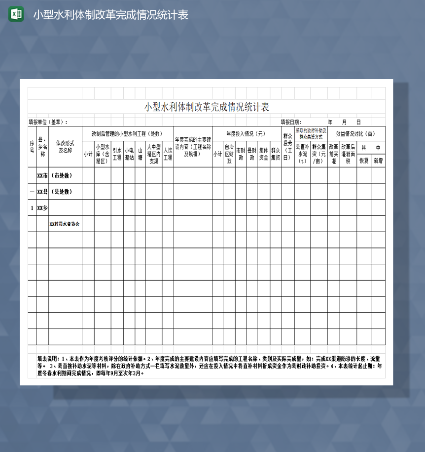 小型水利体制改革完成情况统计表Excel模板