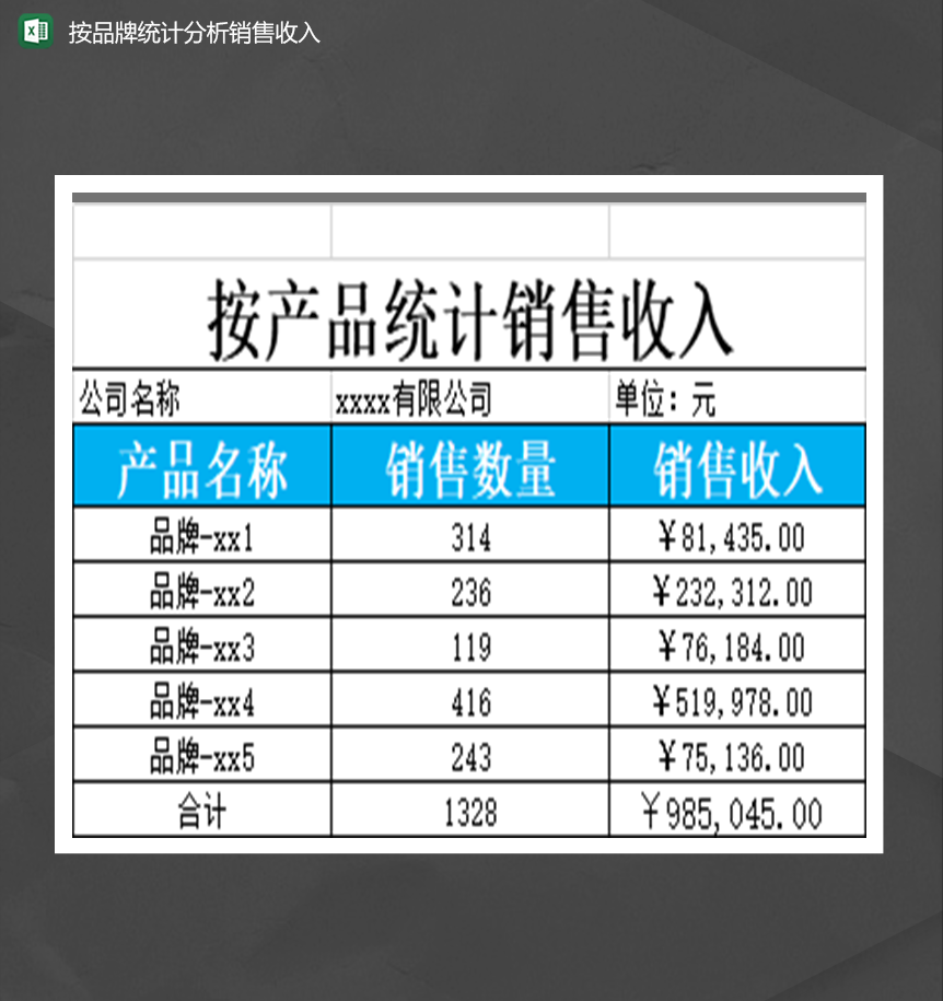 公司产品按品牌统计分析销售收入统计表Excel模板