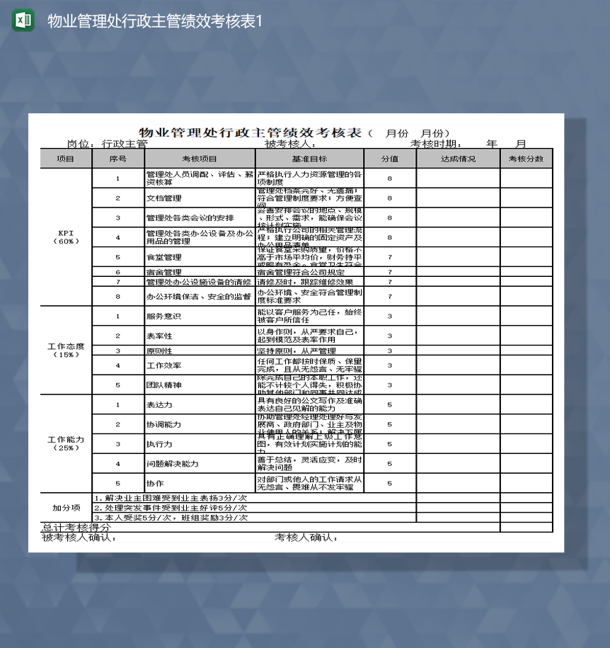 物业管理处行政主管绩效考核表Excel模板