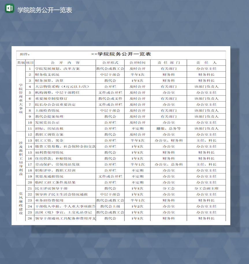 学院院务规章制度财政报表公开一览表Excel模板