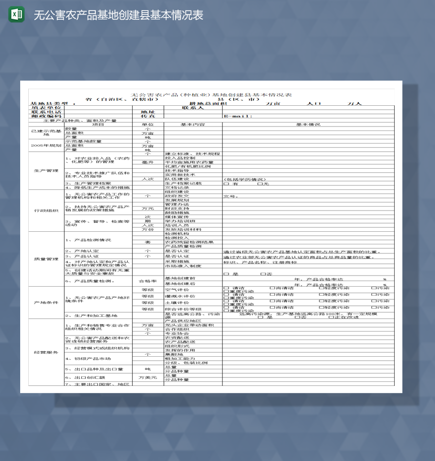 无公害农产品基地创建县基本情况表Excel模板