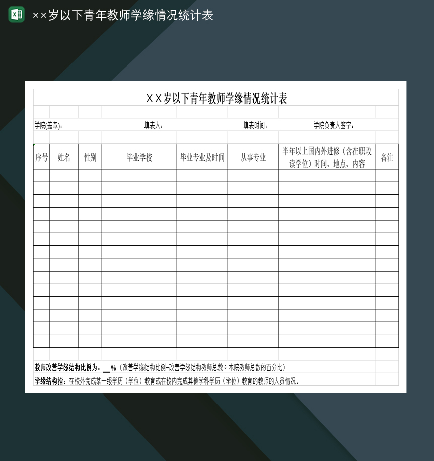 全院××周岁以下青年教师学缘情况统计表Excel模板-1