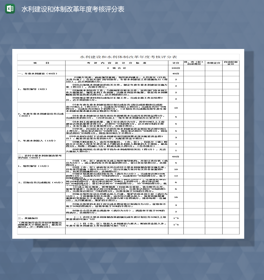 水利建设和体制改革年度考核评分表Excel模板