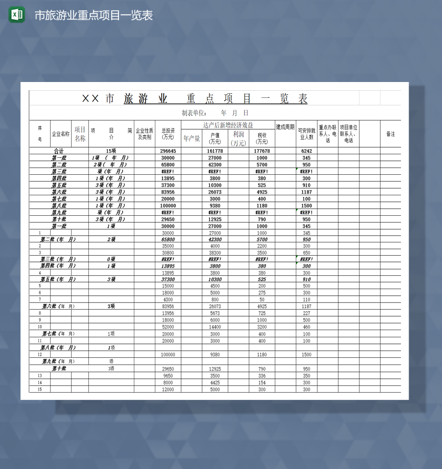 市旅游业重点项目一览表Excel模板-1