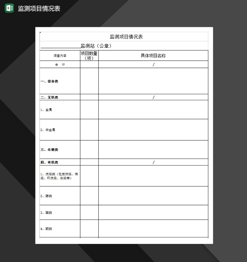 监测项目情况表调查表Excel模板