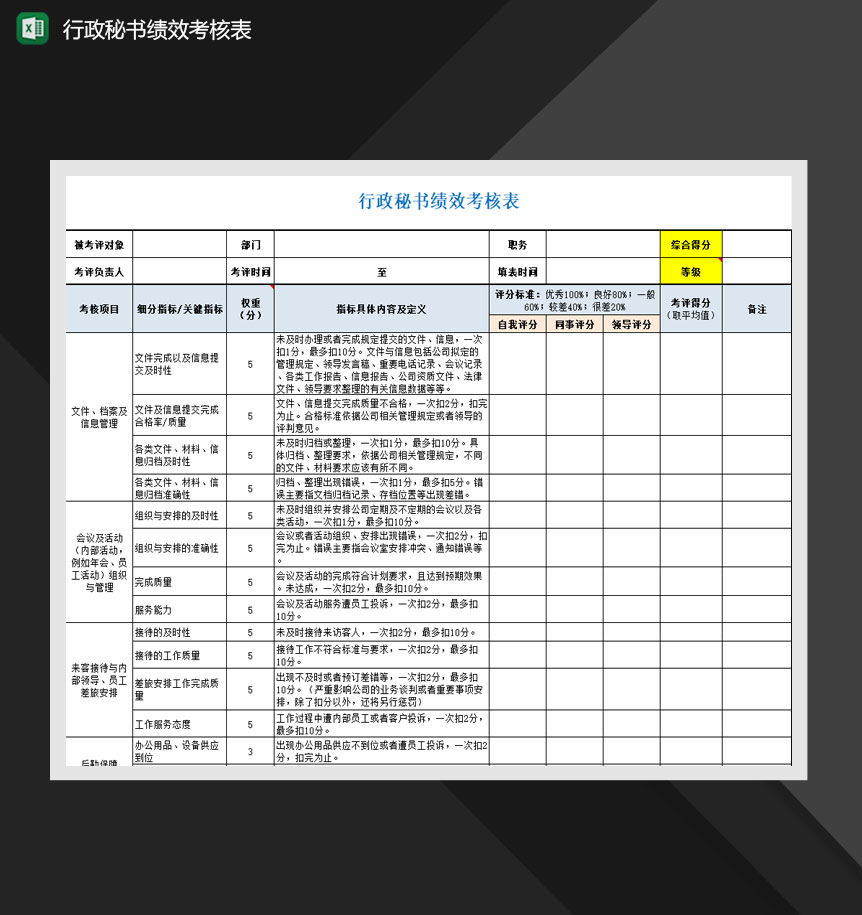 行政秘书绩效考核表Excel模板-1