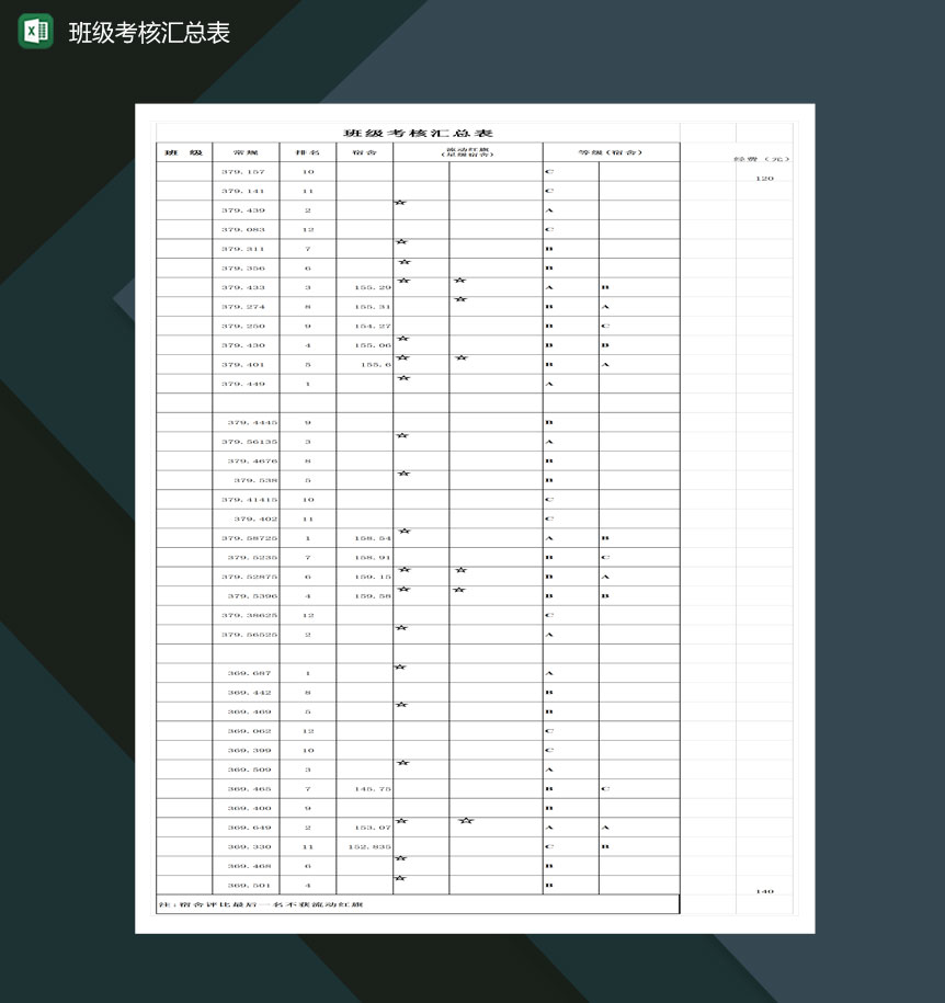 简约学校学生班级考核汇总表Excel模板