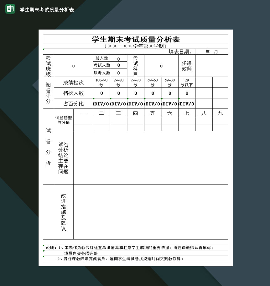 学生期末考试质量分析表Excel模板