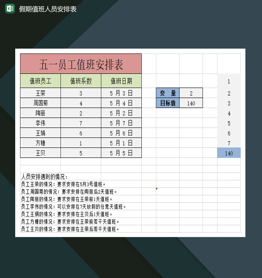 五一假期值班人员安排表Excel模板