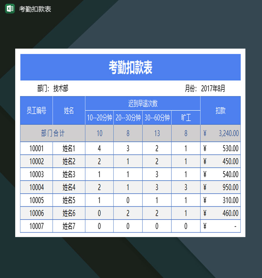 大小型企业员工考勤扣款表Excel模板-1