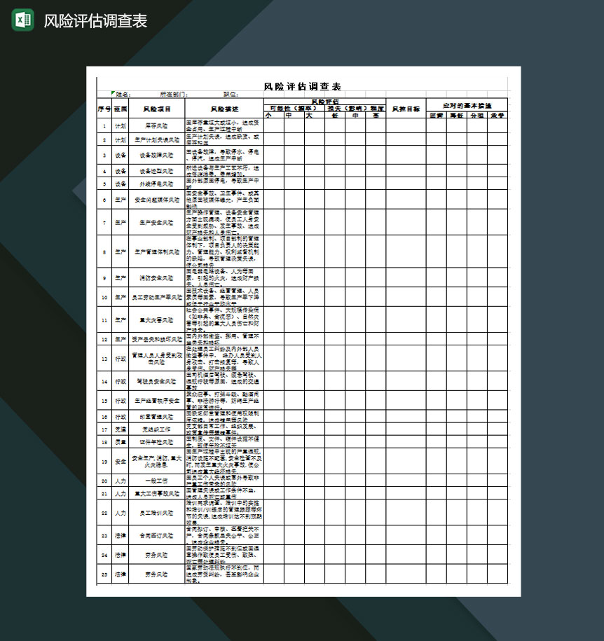 工作生产企业风险评估调查表excel模板