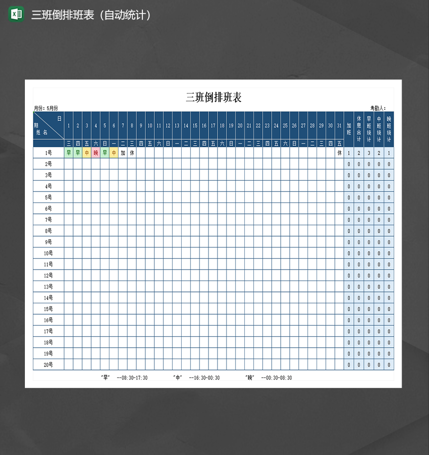 公司人事排班表三班倒排班表自动统计Excel模板