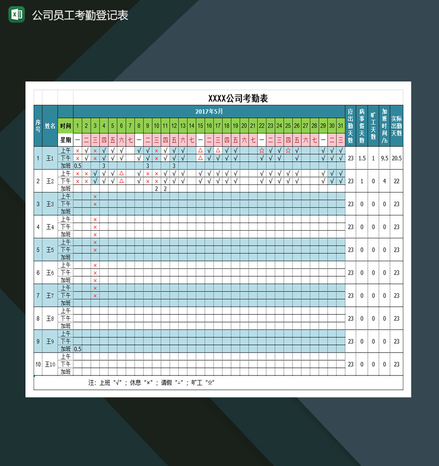 2020年5月某公司员工考勤登记表Excel模板