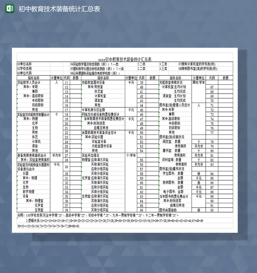 初中教育技术装备统计汇总表Excel模板