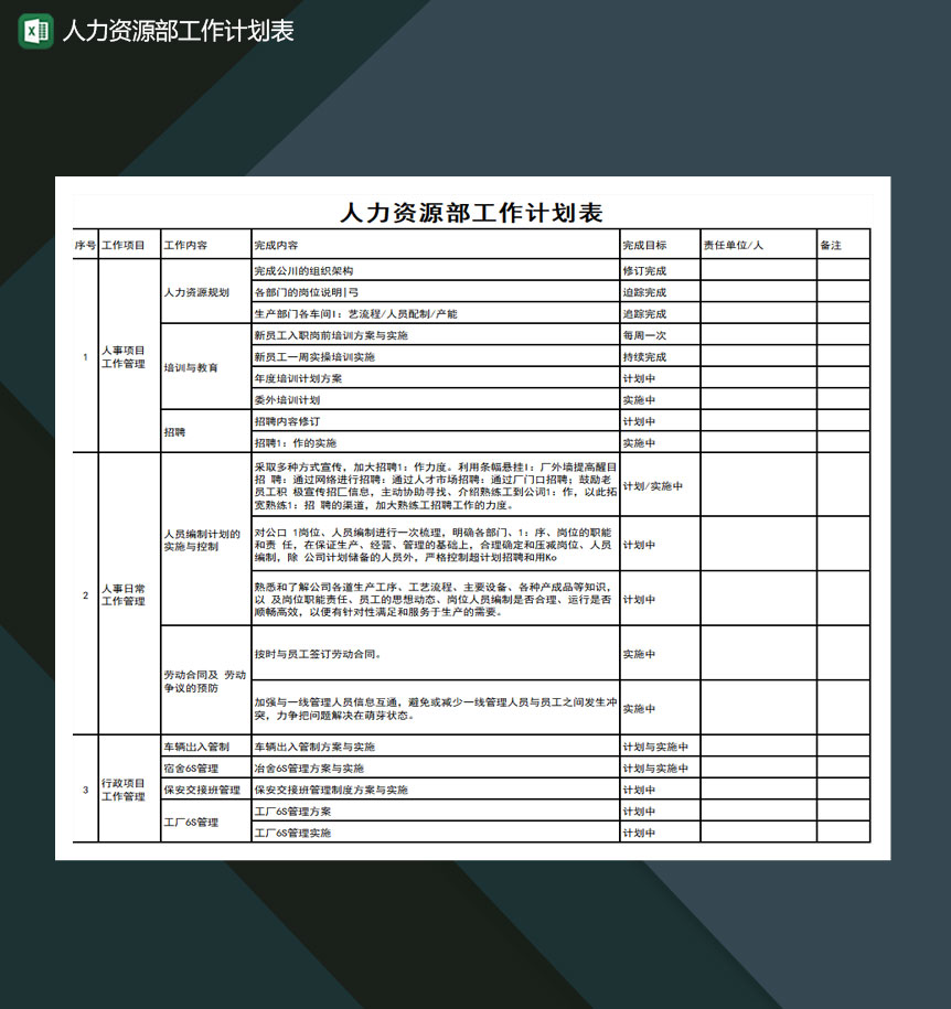 人力资源部工作计划表Excel模板