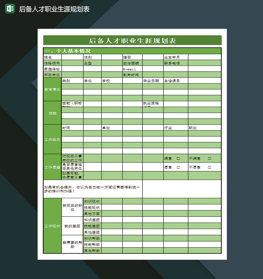 后备人才职业生涯规划表Excel模板