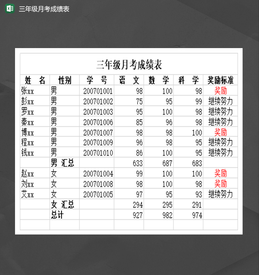 学校年级通用三年级月考成绩表Excel模板