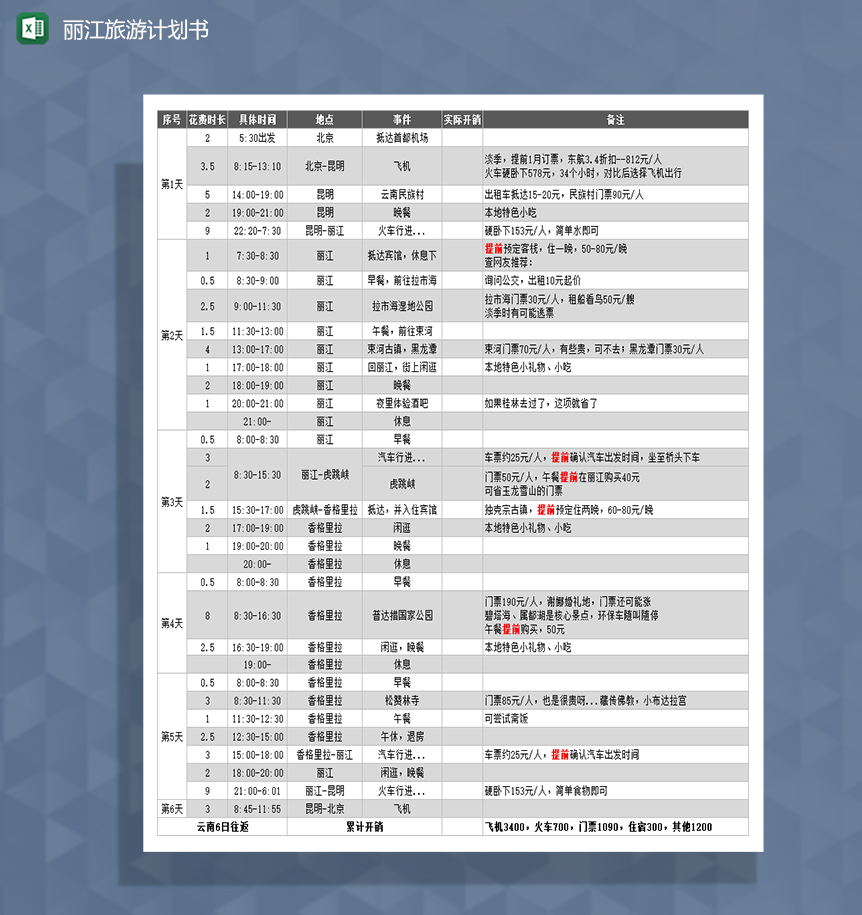 丽江旅游计划书Excel模板