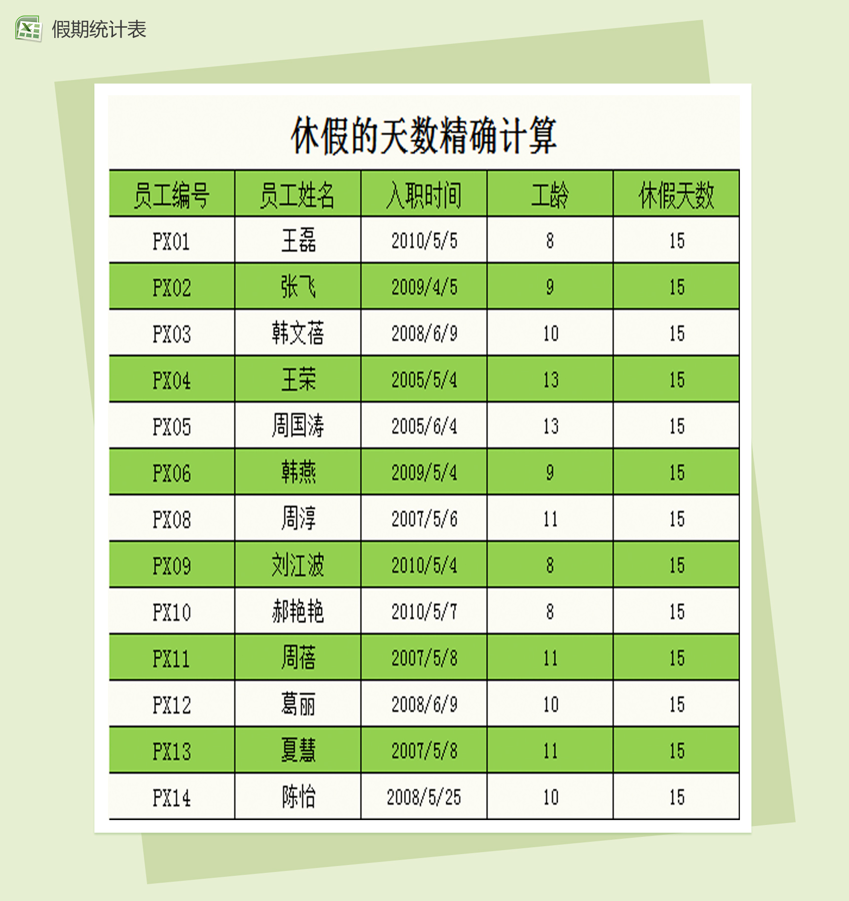 员工每年可休假天数统计表Excel模板