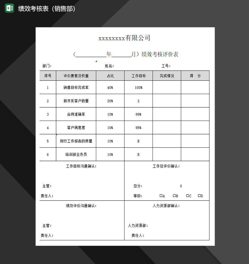 绩效考核表销售部门使用Excel模板