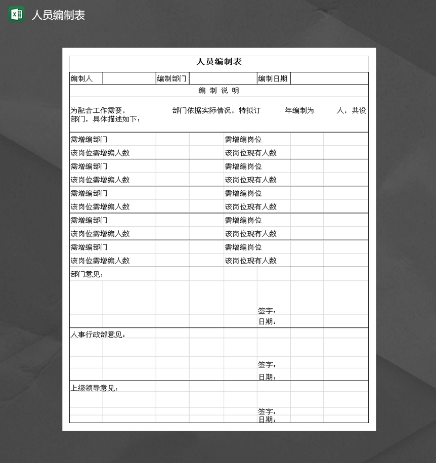 公司部门人员编制表Excel模板