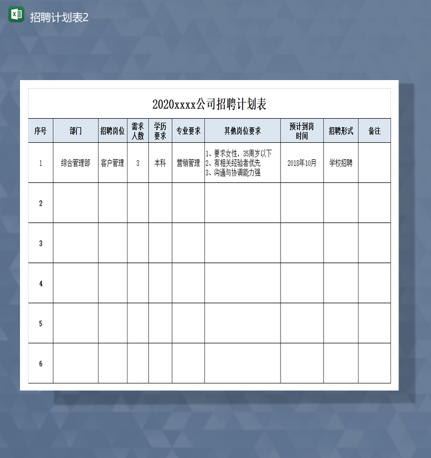 2020年公司招聘需求计划统计详情表Excel模板