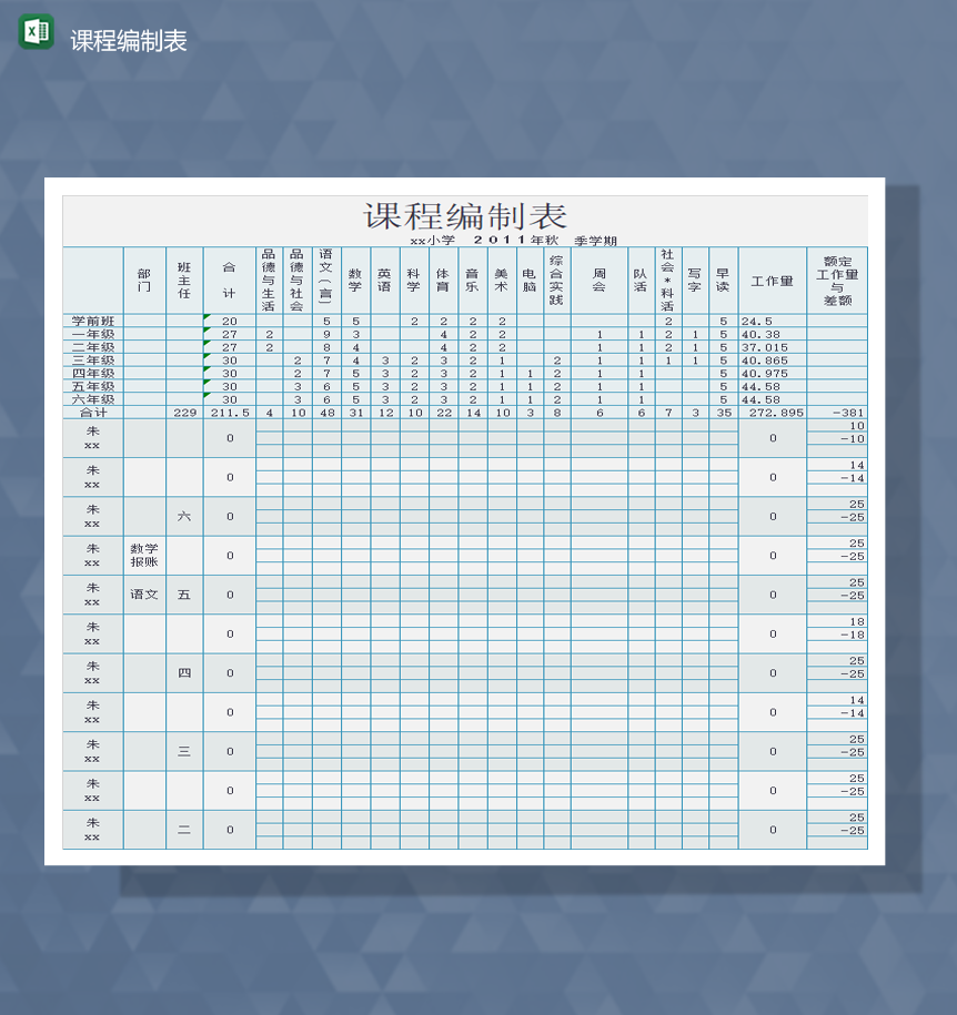 2020年最新学校教师管理编制课程报表Excel模板