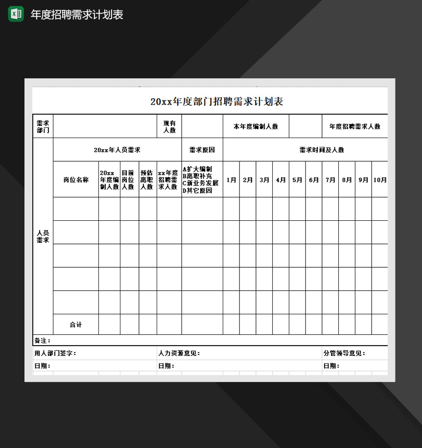 2020公司年度招聘需求计划表Excel模板