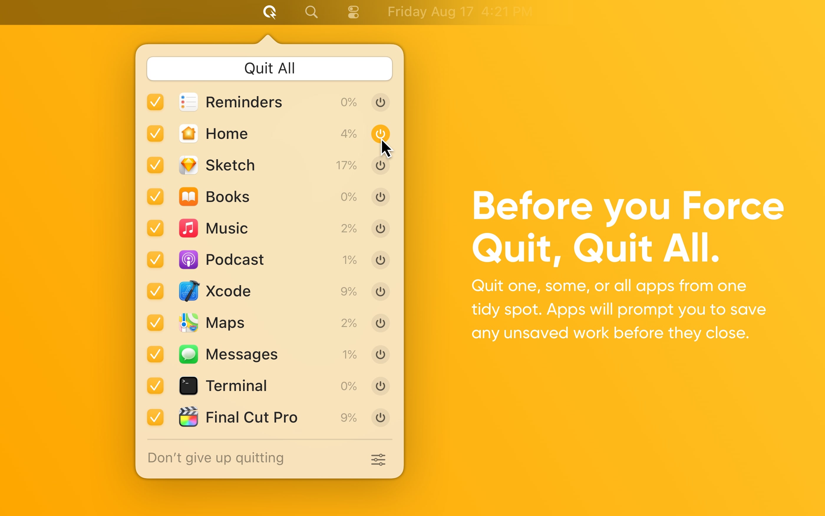 Quit All For Mac v1.2.2 一键管理退出或强制退出应用程序软件