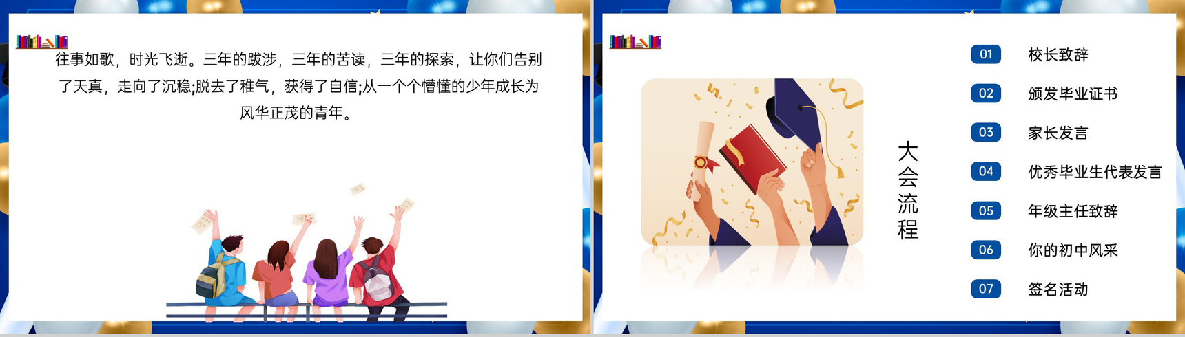 蓝色卡通风我们毕业了初中毕业典礼晚会流程PPT模板-2