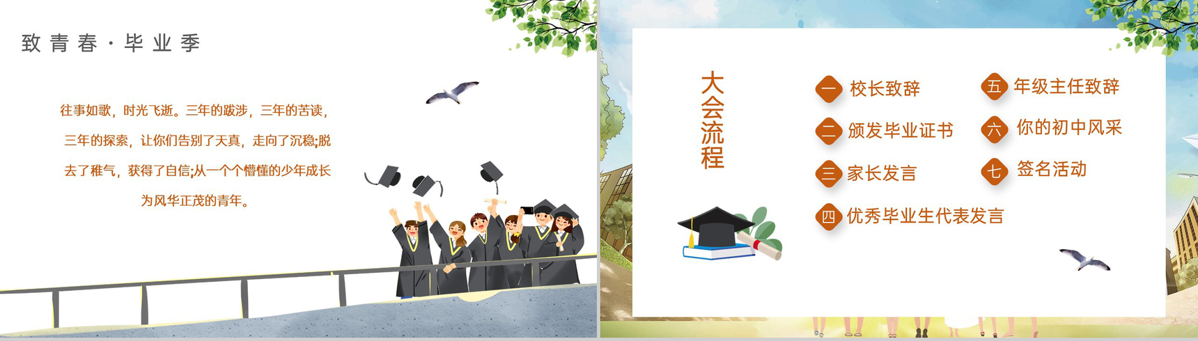 橙色卡通风毕业季致青春我们不说再见毕业典礼PPT模板-2