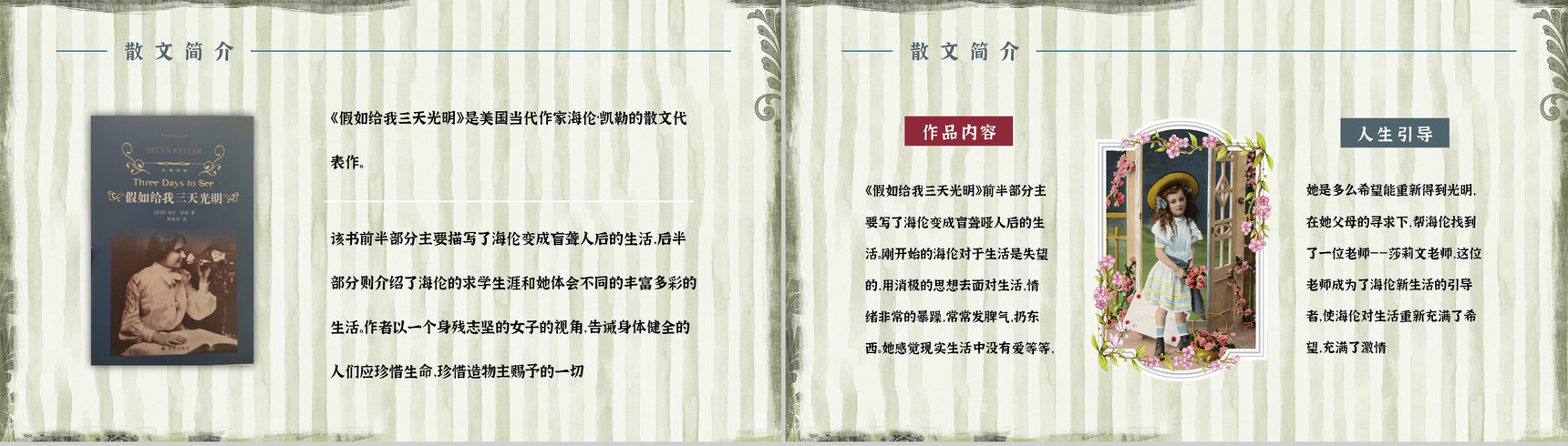 教育教学《假如给我三天光明》作品简介好词好句摘抄整理PPT模板-6