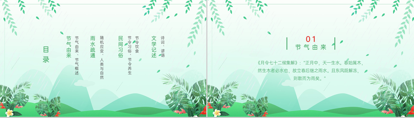绿色小清新风中国传统节气之雨水习俗文化介绍PPT模板-2