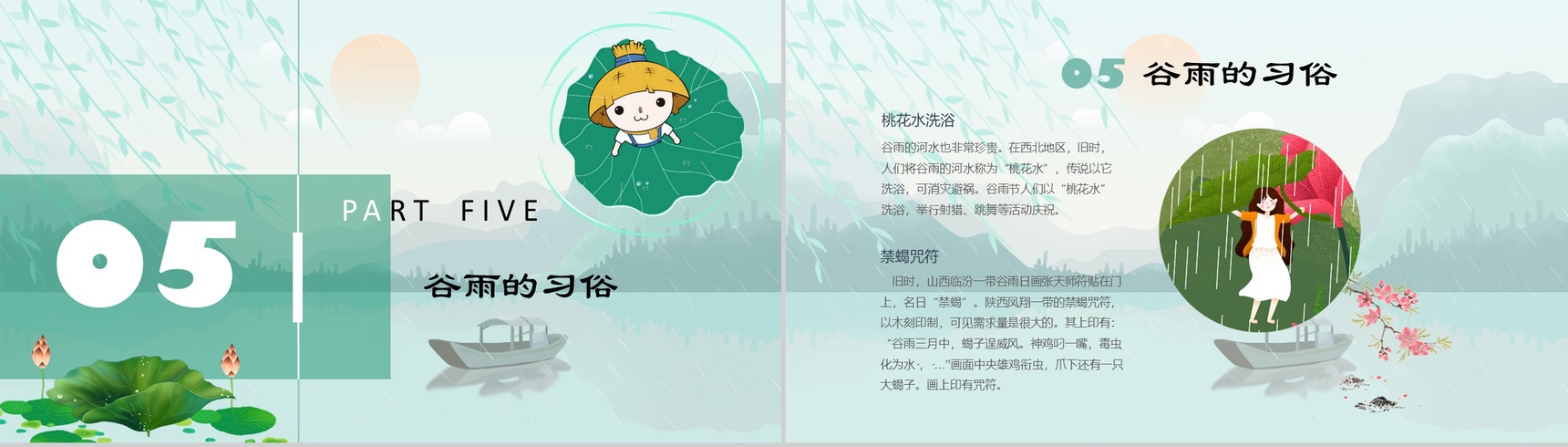 卡通动态绿色二十四节气谷雨传统习俗PPT模板-11
