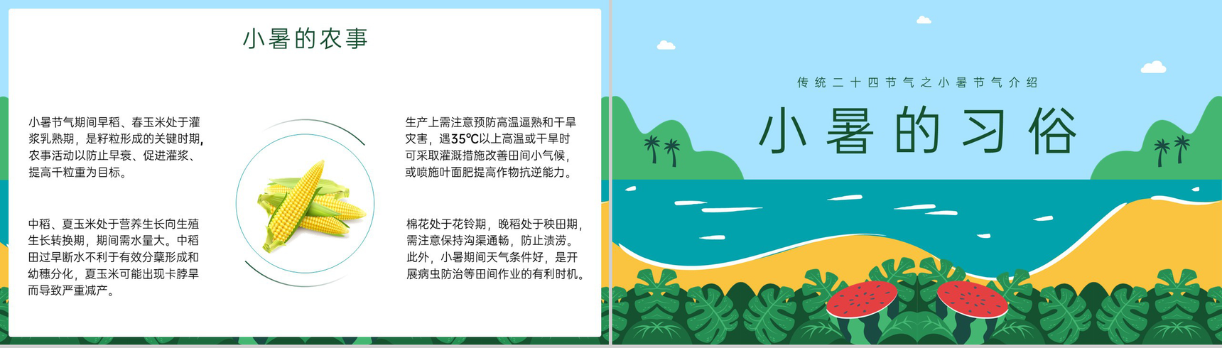 蓝绿色卡通风传统二十四节气小暑节气介绍习俗PPT模板-7