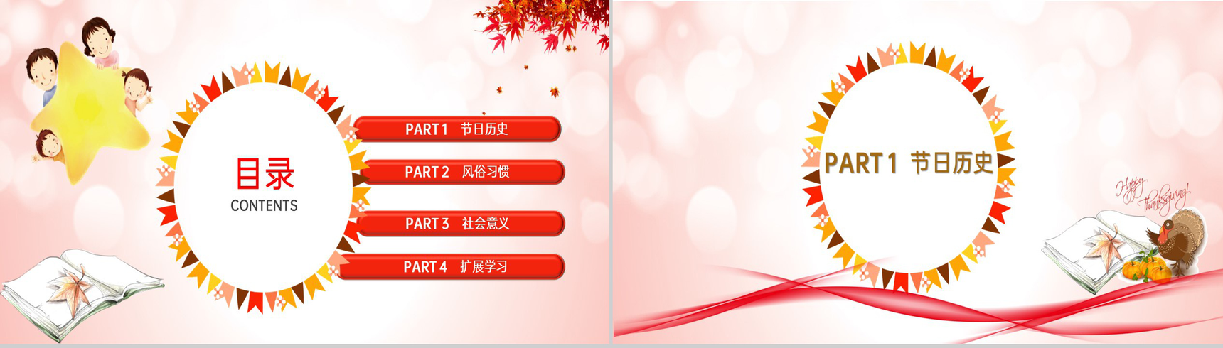 粉色简约风小学感恩节主题班会感恩节的风俗习惯PPT模板-2
