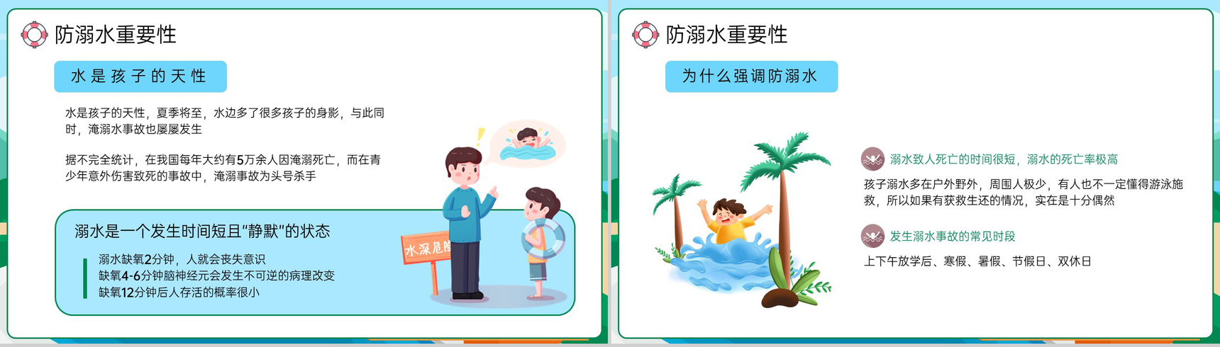 蓝绿卡通风夏季中小学预防溺水安全教育主题班会PPT模板-3