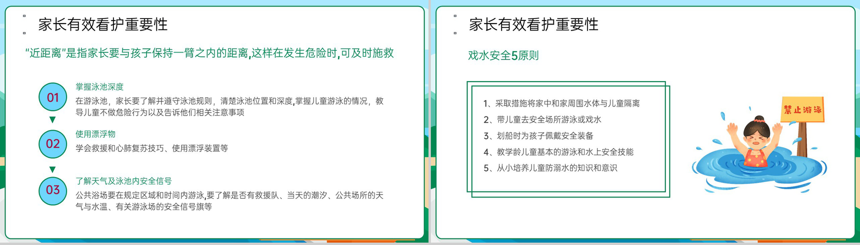蓝绿卡通风夏季中小学预防溺水安全教育主题班会PPT模板-8