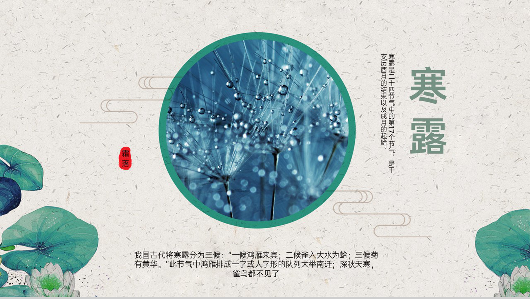 绿色文艺小清新风二十四节气寒露主题工作汇报总结PPT模板