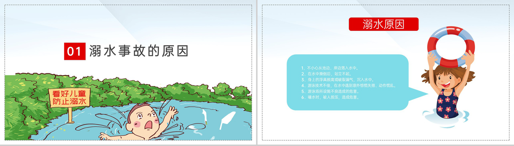 蓝绿卡通风中小学学生防溺水安全教育主题班会PPT模板-3