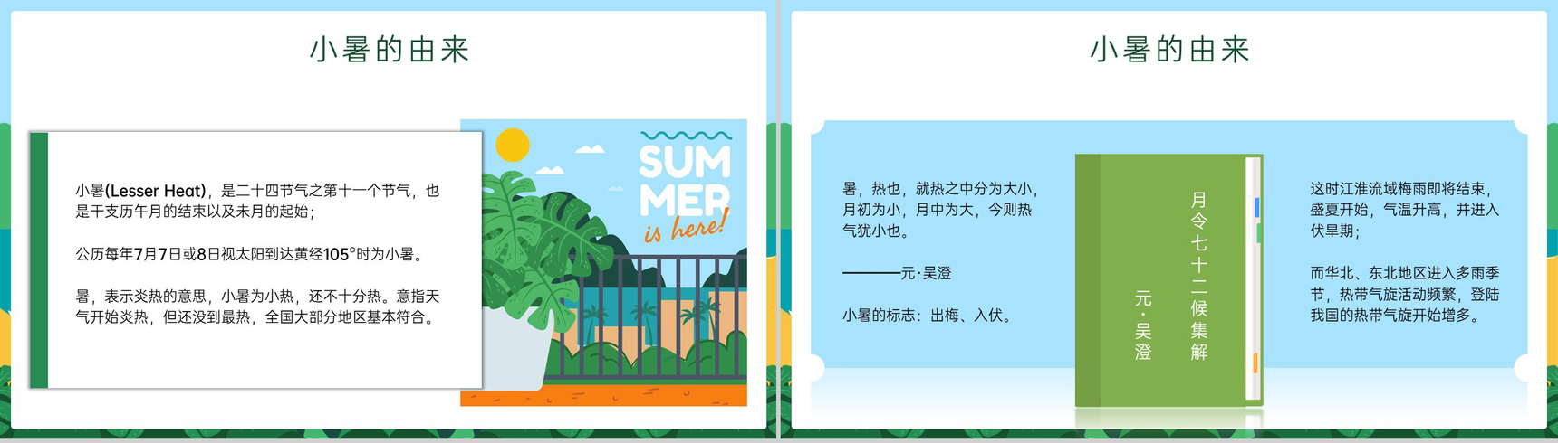 蓝绿色卡通风传统二十四节气小暑节气介绍习俗PPT模板-3