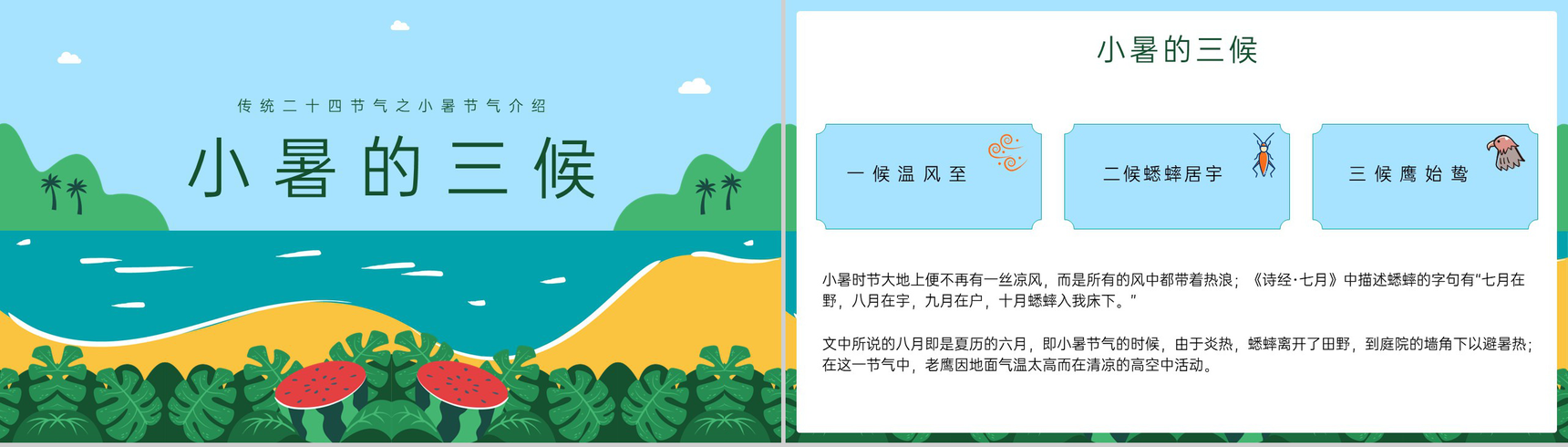 蓝绿色卡通风传统二十四节气小暑节气介绍习俗PPT模板-4