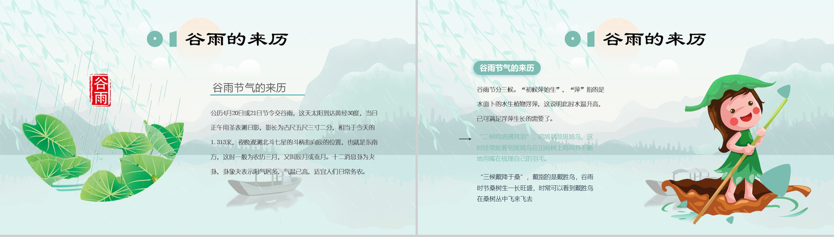 卡通动态绿色二十四节气谷雨传统习俗PPT模板-3