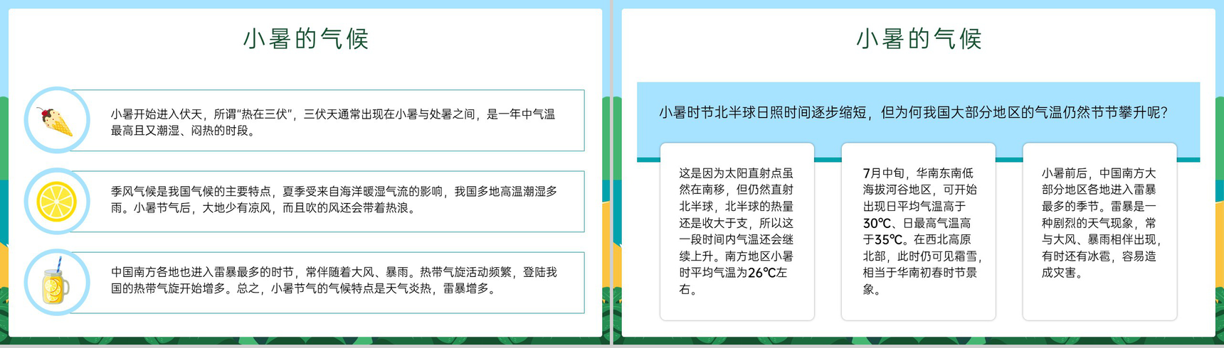 蓝绿色卡通风传统二十四节气小暑节气介绍习俗PPT模板-5