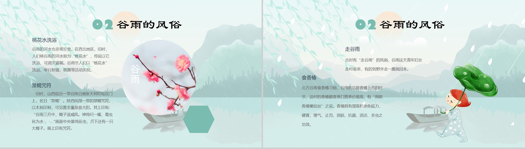 卡通动态绿色二十四节气谷雨传统习俗PPT模板-6